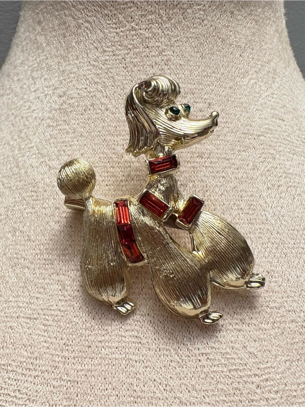 Coro Gold-tone Poodle Dog Brooch with Red Rhinestones